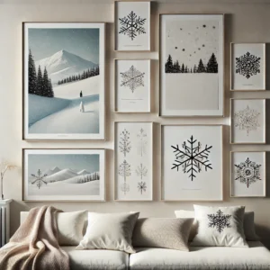 dalle 2024 11 22 12 15 53 a minimalist wall decor setup featuring several winter themed prints of varying sizes arranged side by side as part of a gallery wall the prints sho
