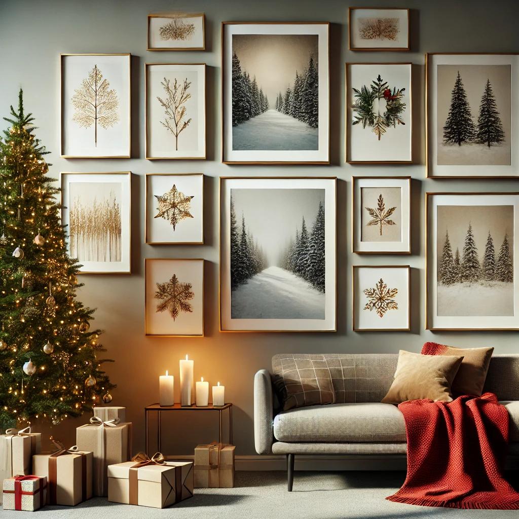 dalle 2024 11 22 12 22 55 a modern minimalist living room featuring a softly lit christmas tree in the background with a few wrapped gift boxes beside it the wall displays fr