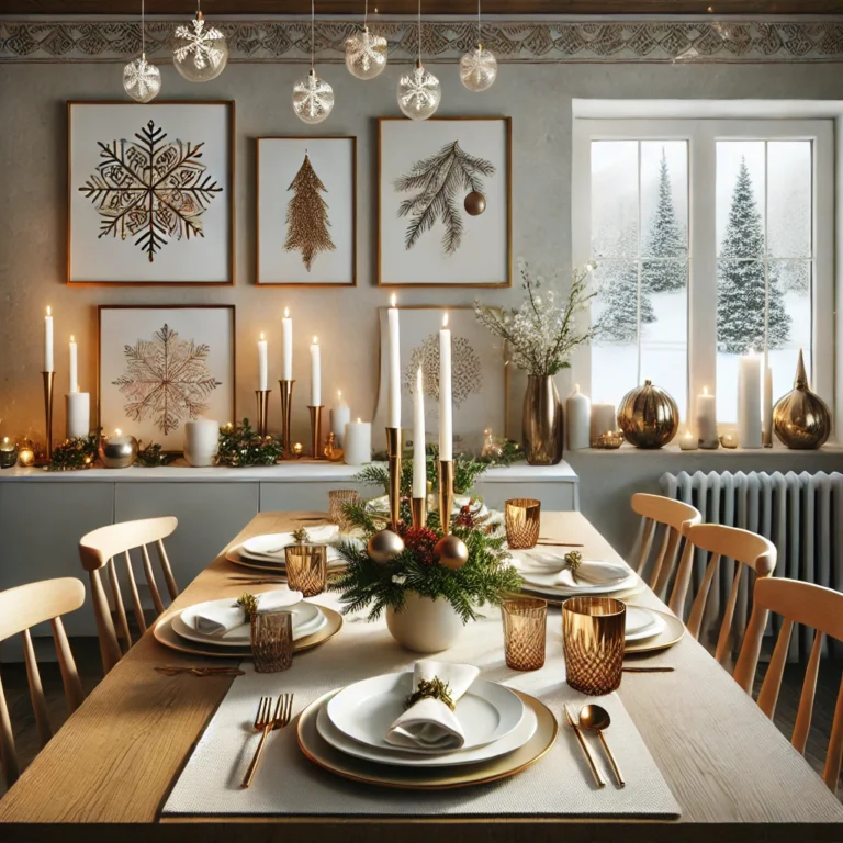 dalle 2024 11 22 12 24 04 a festive dining room mockup featuring an elegantly set dining table adorned with christmas decorations such as candles pine branches and gold napki