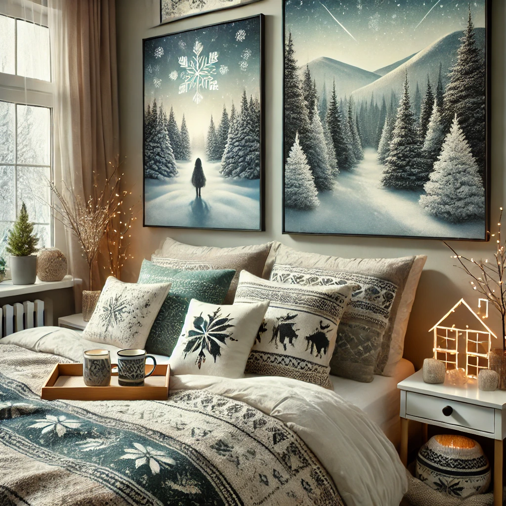 dalle 2024 11 22 12 29 44 a cozy and peaceful bedroom with a winter themed ambiance above the bed large prints depicting a serene winter forest or snowy mountain landscape ha