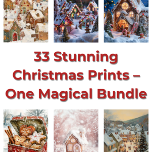 A collage of 33 Christmas prints with festive artwork displayed in rows of three, the centered text reads "33 Stunning Christmas Prints – One Magical Bundle."