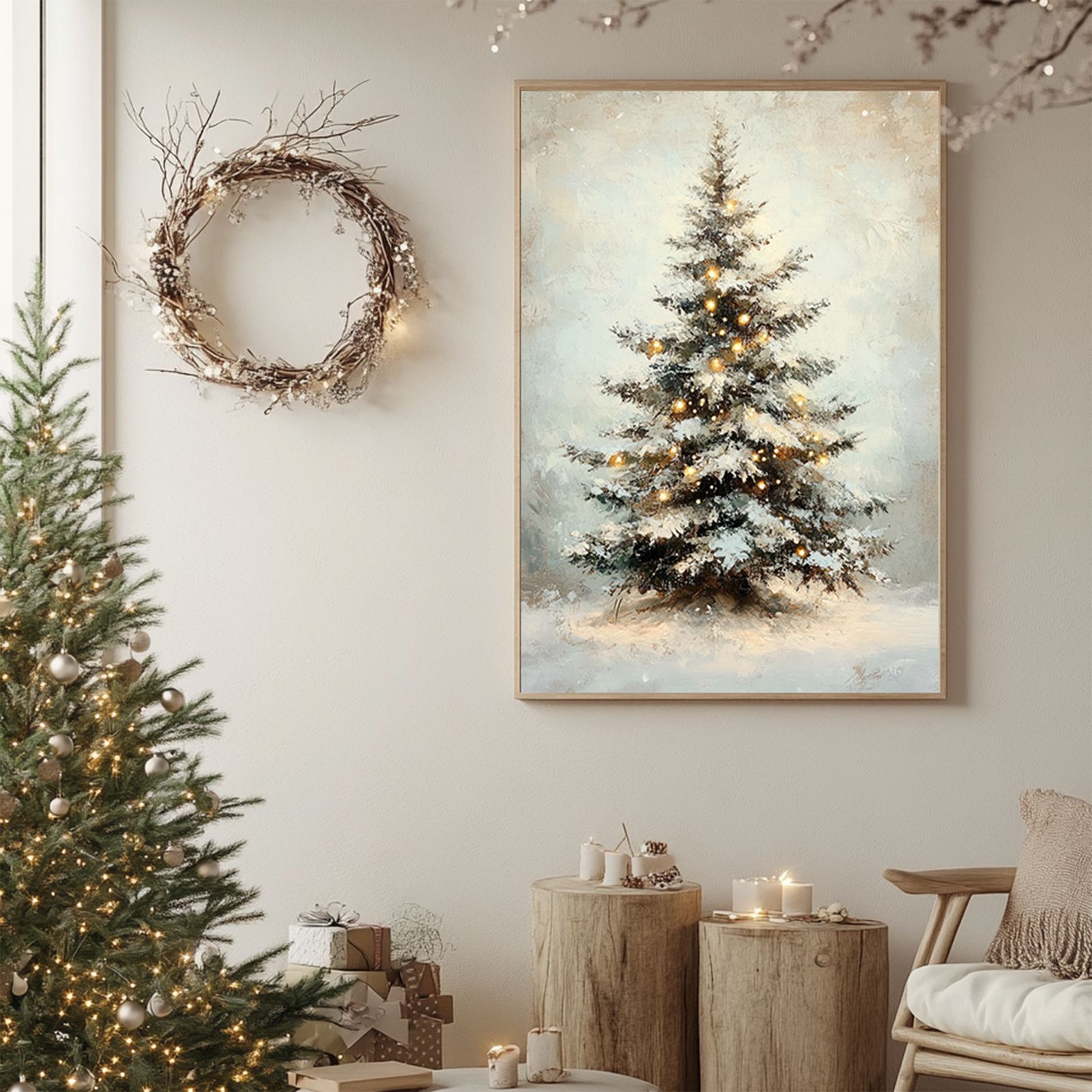 A Vintage Christmas Tree Print in a thin wooden frame is displayed in a beige living room with Christmas wall décor and wooden stump tables.