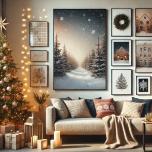 A beige living room adorned with holiday decor: a decorated Christmas tree with candles and gifts underneath, string lights on the wall, and winter-themed wall art in frames of various sizes and styles.