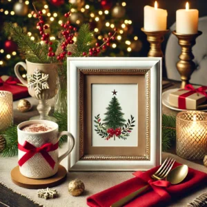 DALL·E 2024 11 22 12.57.21 A festive table setup featuring a 5x7 inch framed decoration standing on the table surrounded by holiday accents like candles and pine branches. The