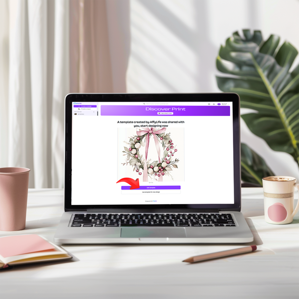 A clean and modern workspace featuring a laptop displaying the Canva homepage with a prominent 'Let’s Get Started!' button in pastel tones. The desk is styled with minimal decor: a notebook, pen, and a cup of coffee. Soft natural lighting enhances the inviting and creative atmosphere.