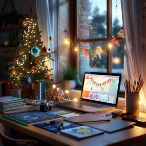 A holiday-themed tabletop featuring a silver and gold-framed picture of a Christmas tree, a mug of cocoa adorned with a red ribbon, festive red napkins, and elegant cutlery. Candle holders with lit candles and a glowing Christmas tree create a warm and celebratory background.