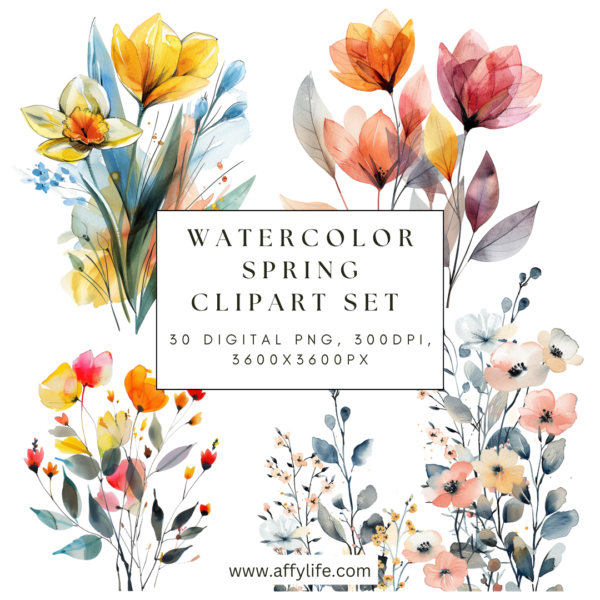A watercolor illustration of vibrant spring flowers in reds, yellows, and pastels surrounding a central text box.