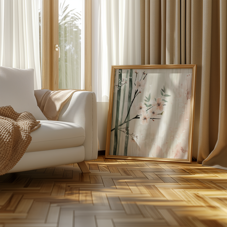 This cozy room features a white couch draped in a tan blanket. For free, you can download a framed cherry blossom painting on the floor next to sunlit curtains and a window.