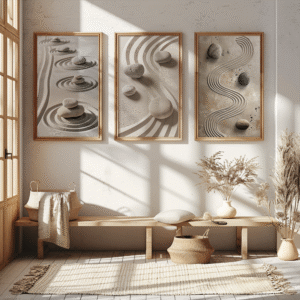 A minimalist room with three framed Zen Garden Print artworks of raked sand and stones. A light wood bench and pampas grass decor complete the calm, serene setting.