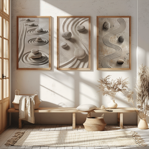 A minimalist room with three framed Zen Garden Print artworks of raked sand and stones. A light wood bench and pampas grass decor complete the calm, serene setting.