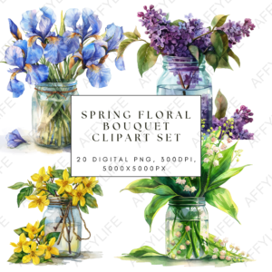 Four watercolor-style floral bouquets in glass jars, featuring blue irises, purple lilacs, yellow forsythias, and white lily of the valley flowers, displayed as part of a spring-themed clipart set.