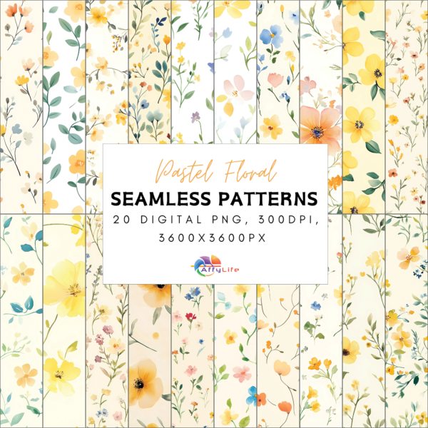 A preview of the Pastel Floral Seamless Pattern Set showcasing all 20 watercolor designs with a central text overlay highlighting the product's details: "20 Watercolor PNG, 300dpi, 3600x3600px."