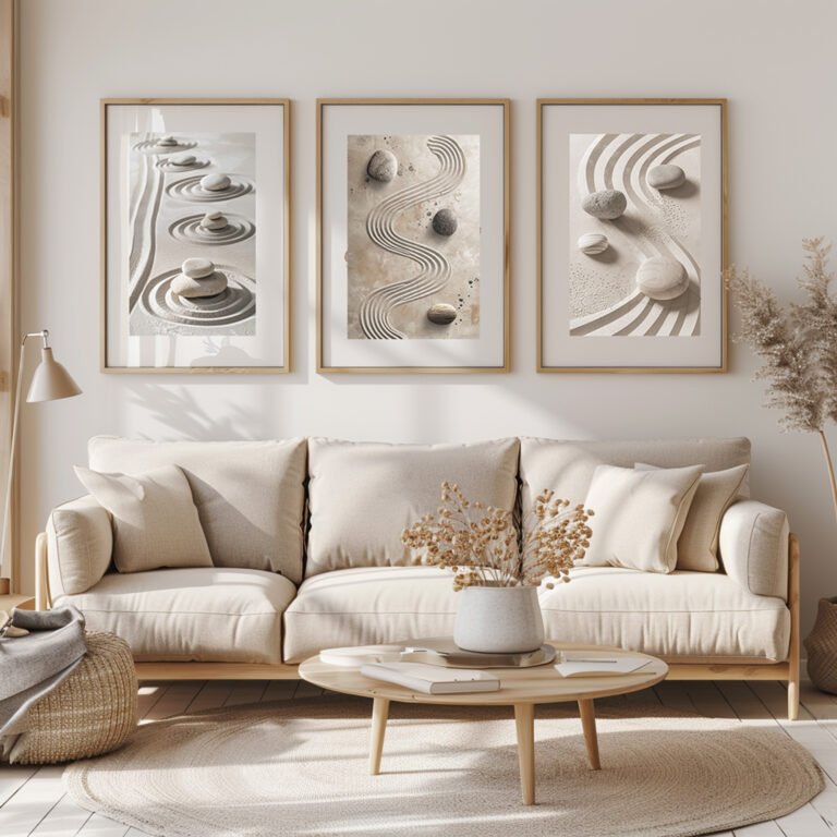 A cozy living room with a beige sofa and a round wooden coffee table. Three framed Zen Garden Prints depicting smooth stones on sand hang on the wall, adding a tranquil and minimalist touch.