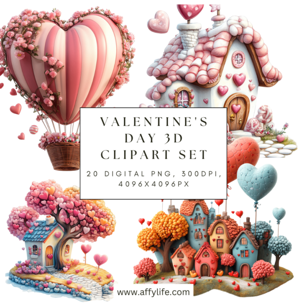 Valentine's Day 3D clipart featuring pastel heart-shaped hot air balloons, houses, and trees with a whimsical, romantic vibe.
