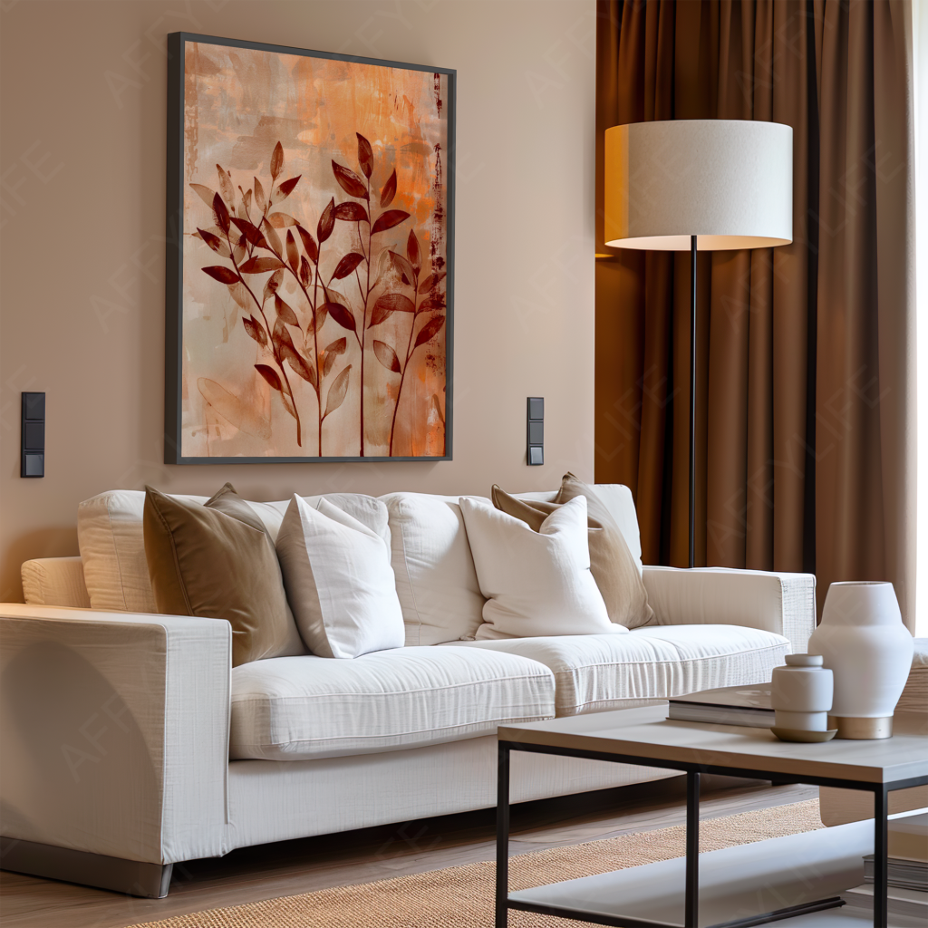 A cozy living room with a white sofa adorned with brown and white cushions. Above, a painting of red leaves adds warmth. This personalized print enhances the Zen-inspired, minimalist decor.