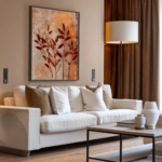 A cozy living room with a white sofa adorned with brown and white cushions. Above, a painting of red leaves adds warmth. This personalized print enhances the Zen-inspired, minimalist decor.