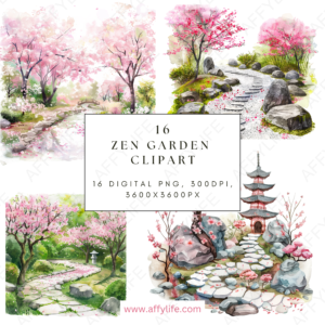 Four artistic depictions of Zen gardens featuring pink cherry blossom trees, stone pathways, rustic bridges, and a pagoda. Text overlay highlights "16 Zen Garden Clipart, 16 Digital PNG, 300DPI, 3600x3600px." A perfect set for meditative art and Japanese clipart collections.