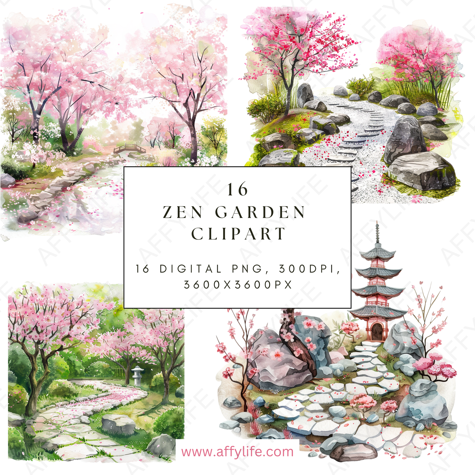 Four artistic depictions of Zen gardens featuring pink cherry blossom trees, stone pathways, rustic bridges, and a pagoda. Text overlay highlights "16 Zen Garden Clipart, 16 Digital PNG, 300DPI, 3600x3600px." A perfect set for meditative art and Japanese clipart collections.