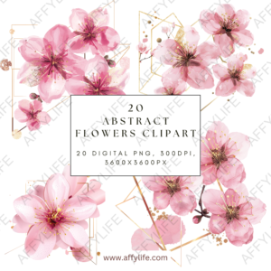 Abstract flowers clipart showcasing pink blossoms with gold geometric accents on a white background.