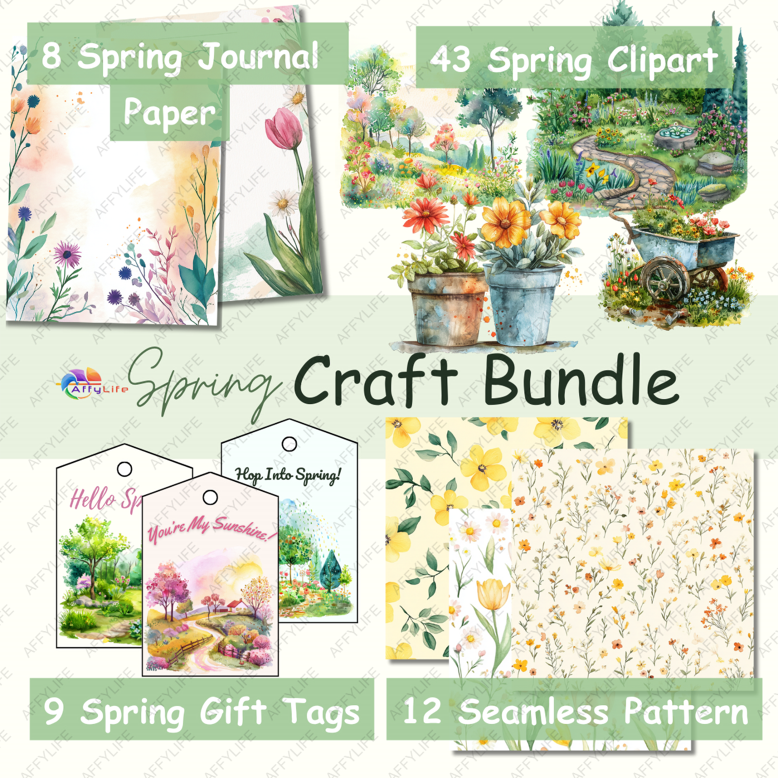 Spring craft bundle with floral-themed items: journal papers, clipart, gift tags, and seamless patterns. Vibrant, cheerful tone. Spring Craft Bundle.
