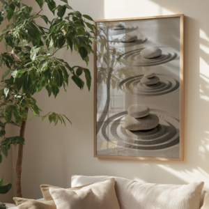 A bright living room featuring a large framed Zen Garden Print of stacked stones on sand ripples. Sunlight casts gentle shadows, while a leafy plant and beige cushions complete the tranquil decor.