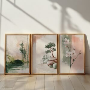 Three framed Spring Japandi Wall Art Set of 3 paintings of bamboo by water, a bonsai on rocks, and delicate blossoms, enhanced by sunlight and soft shadows.