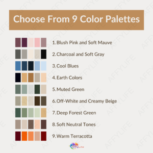 Framed botanical artwork with muted tones leans on a wooden table near a window. A vase with pampas grass adds a natural touch. Nine color palettes are displayed below for creating a personalized Japandi wall art print.