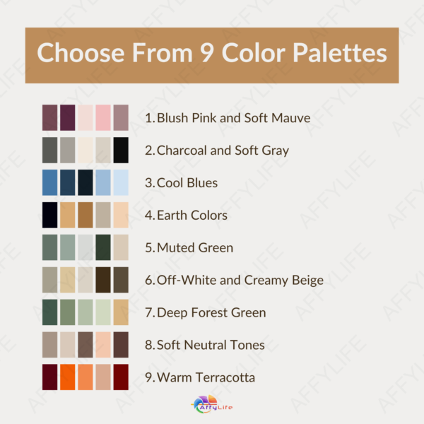 Framed botanical artwork with muted tones leans on a wooden table near a window. A vase with pampas grass adds a natural touch. Nine color palettes are displayed below for creating a personalized Japandi wall art print.