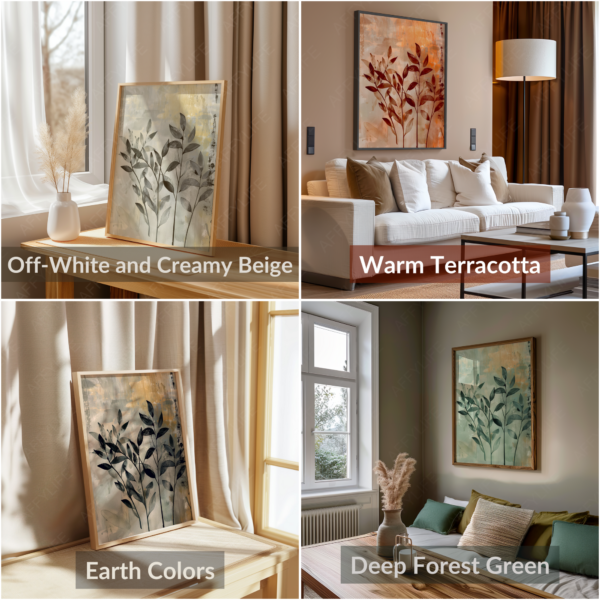 Four images showcase botanical watercolor artworks in different room settings, with color options including off-white, terracotta, earth tones, and forest green. Ideal for modern wall art and gallery walls.