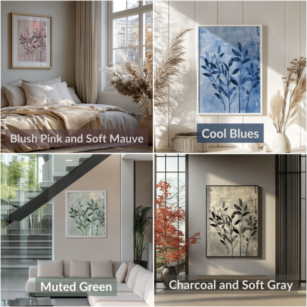 A collage of four spaces featuring botanical artwork in blush pink, cool blues, muted green, and charcoal gray. Each personalized art piece complements cozy, modern wall art aesthetics.