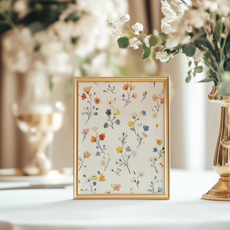 Gold-framed floral artwork placed on a table, showcasing colorful wildflowers against a white background. A serene, spring-inspired DIY project idea.