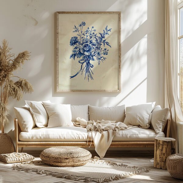A cozy living room with a beige sofa, rustic wooden furniture, and a framed Antique Blue Toile Print of intricate blue flowers on the wall.