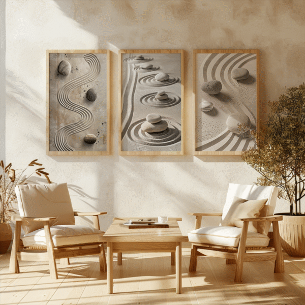 Cozy living room with two wooden chairs and a table, complemented by three framed Zen Garden Print artworks. Soft light and warm tones evoke tranquility.
