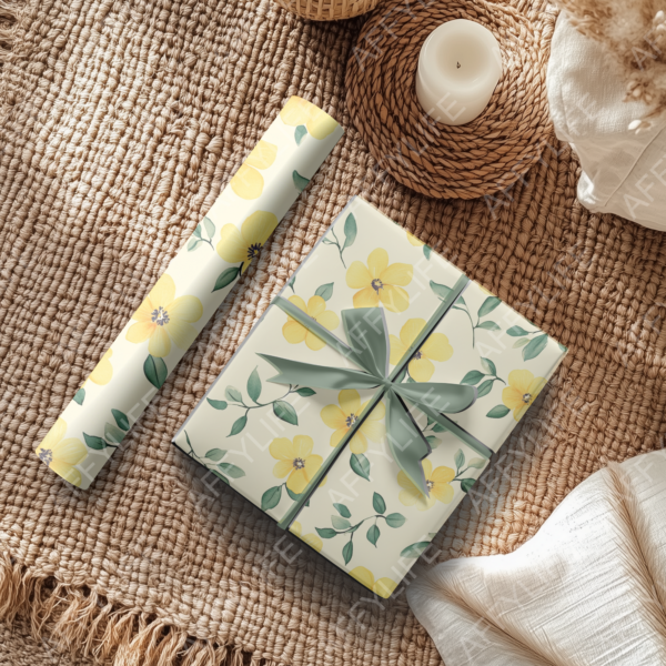 A roll of yellow-green large-flower wrapping paper and a gift wrapped in the same pattern with a green ribbon is displayed on a woven tablecloth.
