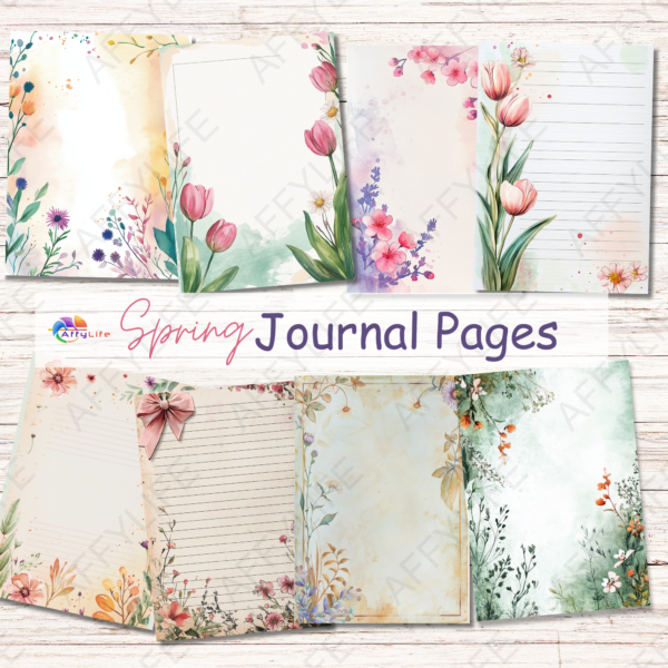 A preview of 8 beautifully designed spring-themed journal papers included in the Spring Clipart & Pattern Bundle, ideal for journaling, stationery, or invitations.