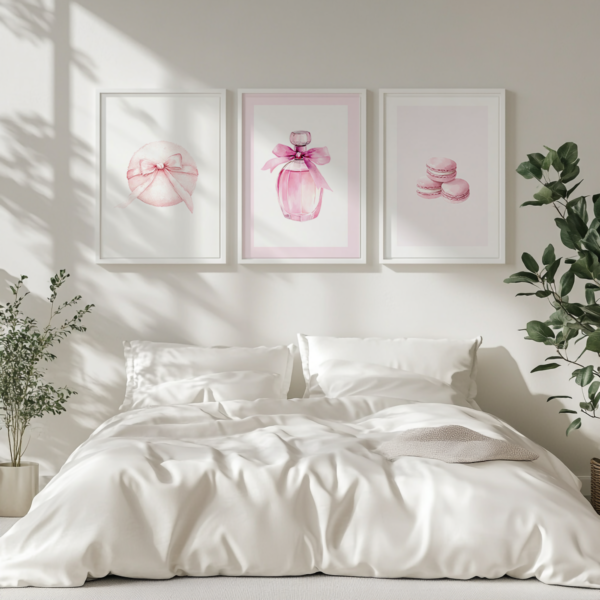 Pink Coquette Wall Art Set: Three white frames above a bed with white bedding in a minimalist bedroom. Green potted plants beside the bed enhance the romantic and chic decor.