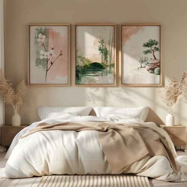 White bed with beige blanket beneath three framed Spring Japandi Wall Art Set of 3 paintings, complemented by plants and soft lighting.