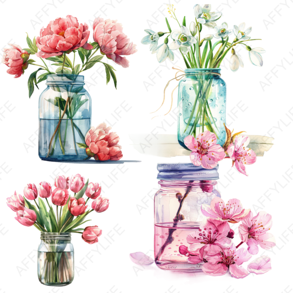 Four spring floral arrangements in watercolor style, including pink peonies, white snowdrops, pink tulips, and cherry blossoms, each in a mason jar with a creative touch.