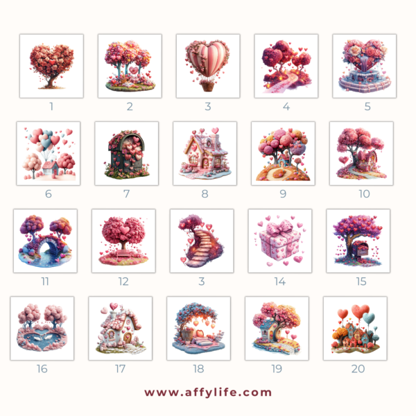 Grid of whimsical Valentine’s illustrations with cozy houses, heart-shaped trees, and dreamy hot air balloons.