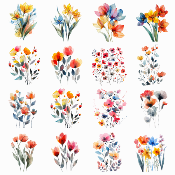 A grid of delicate watercolor flowers in reds, yellows, blues, and oranges with unique, whimsical clusters.