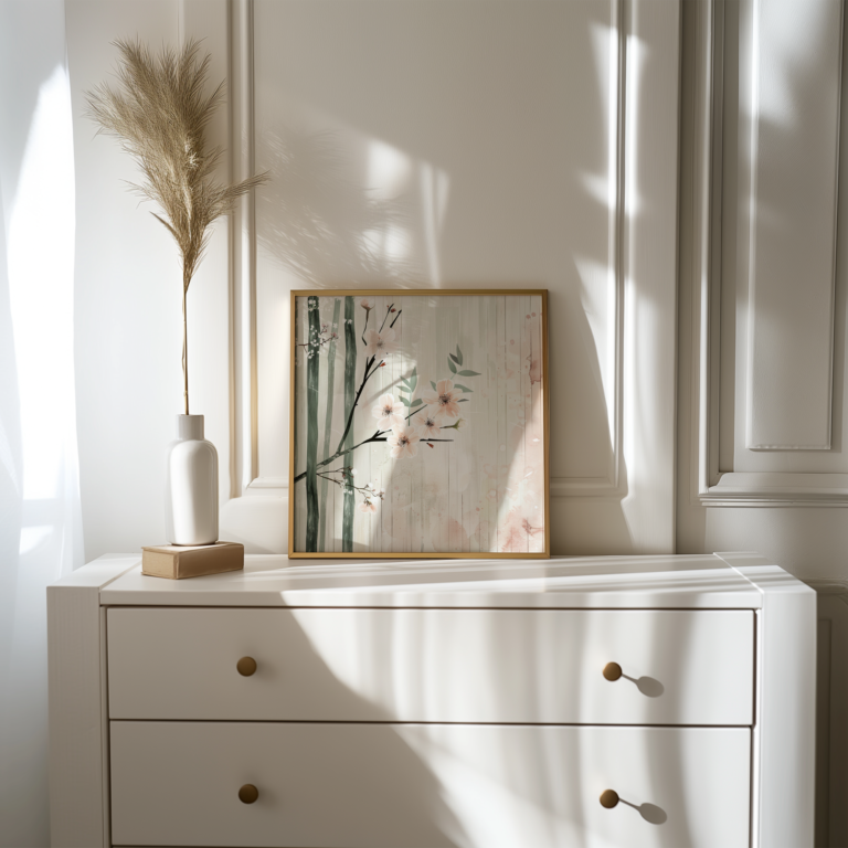 A sunlit room features a white chest of drawers with brass knobs. A floral painting available for free download rests on top, accompanied by a tall vase holding dried grasses.