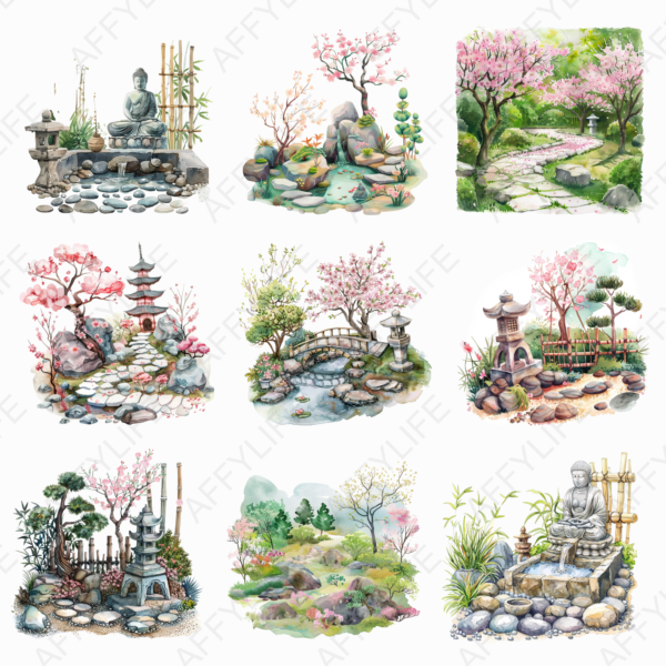 A collage of watercolor PNG illustrations featuring serene Japanese gardens with cherry blossoms, stone lanterns, pathways, and a tranquil Buddha statue. This peaceful landscape art is ideal for Zen decor PNG and meditation-themed designs.