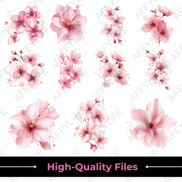 Pink cherry blossoms with gold geometric accents arranged in a grid. Abstract flowers clipart design.