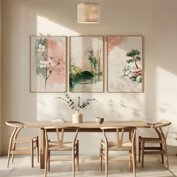 Minimalist dining room in neutral tones with wooden table and chairs, three Spring Japandi Wall Art Set of 3 zen paintings on a softly sunlit wall.