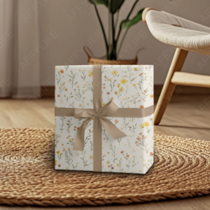 A box wrapped in a pastel floral pattern paper with a brown ribbon is placed on a woven rug in front of a chair.