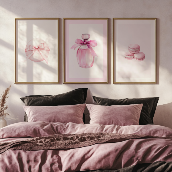 Pink Coquette Wall Art Set – 3 wooden frames above a bed with brown and pink bedding. The romantic prints add warmth and elegance to this cozy, feminine bedroom.