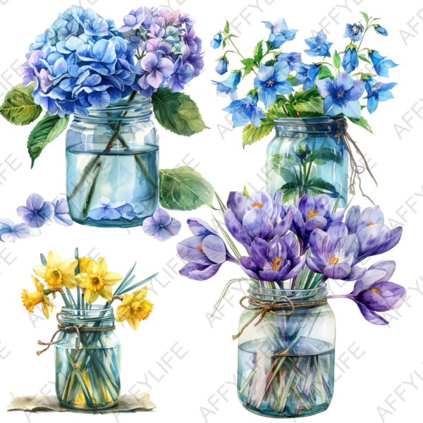 Four watercolor-style floral bouquets in jars, showcasing blue hydrangeas, blue bellflowers, yellow daffodils, and purple crocuses, with intricate details and rustic elements
