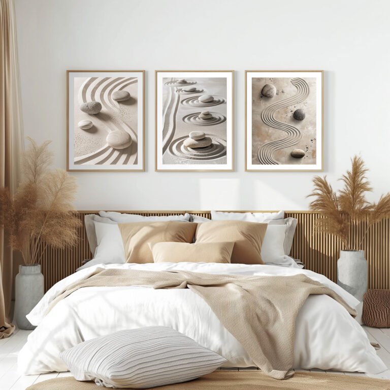 A minimalist bedroom with a bed dressed in beige and cream bedding. Above, three framed Zen Garden Prints featuring abstract stone and sand patterns enhance the serene decor. Pampas grass and soft natural light add to the tranquil ambiance.