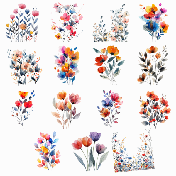 A collage of vibrant watercolor floral illustrations in pink, orange, blue, and purple tones, creating a tranquil design.