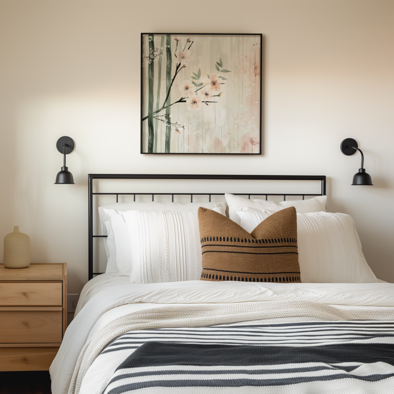 A cozy minimalist bedroom with white linens, a brown-striped pillow, and a black metal bed frame. A floral painting, available for free download, hangs above, enhancing the serene ambiance.
